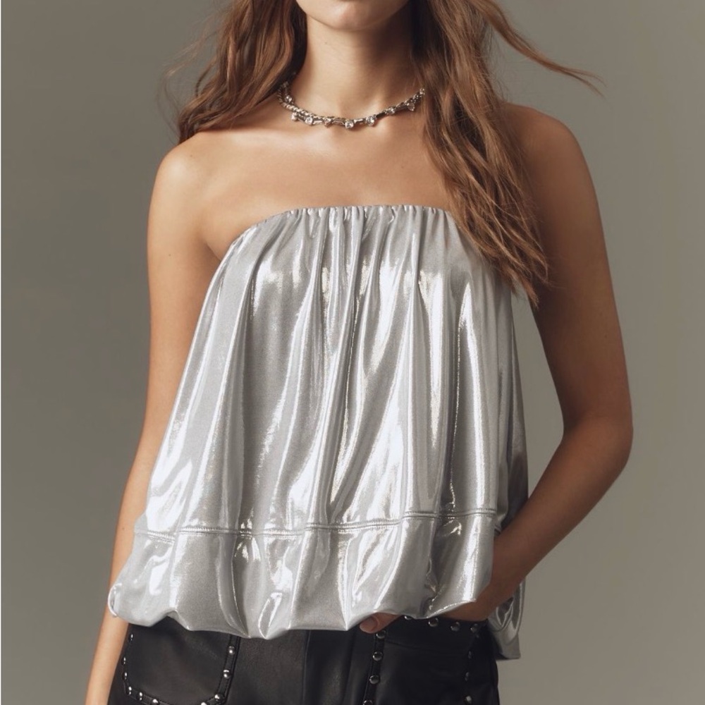 Maeve Anthropologie Silver Strapless Metallic Blouson Camisole